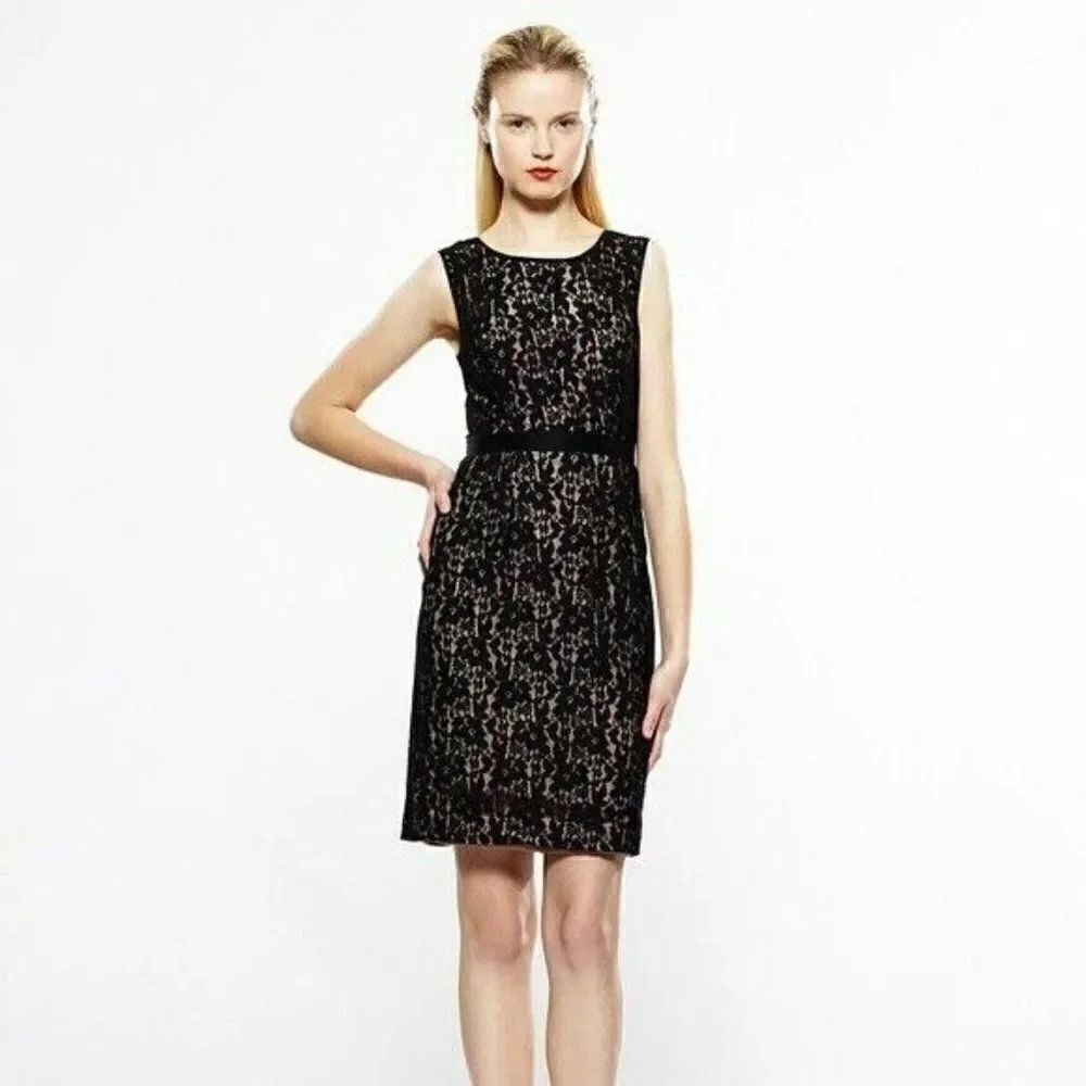 BCBG MaxAzria Floral Lace Dress Over Lay Peekcaboo Underlay Waist Band Siz 4